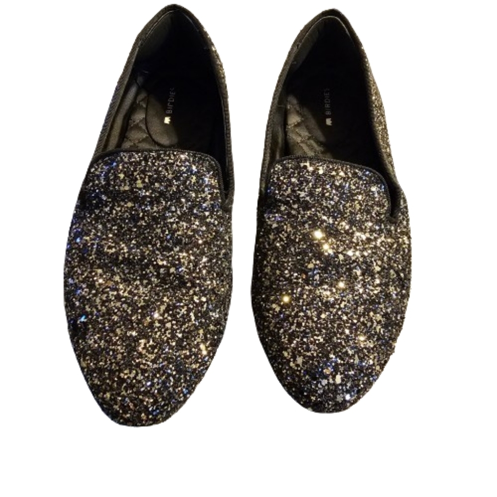 Birdies Starling Flat in Starlight Glitter Womens Sz 7  Black Gold Loafer Chic